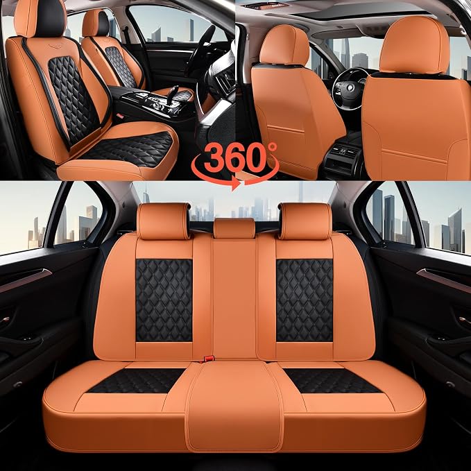 Coverado Universal Car Seat Covers Full Set, Vintage-Style Soft Waterproof Faux Leather Front & Rear Seat Protectors, Comfortable Anti-Stain Interior for Most Vehicles – BrownBlack