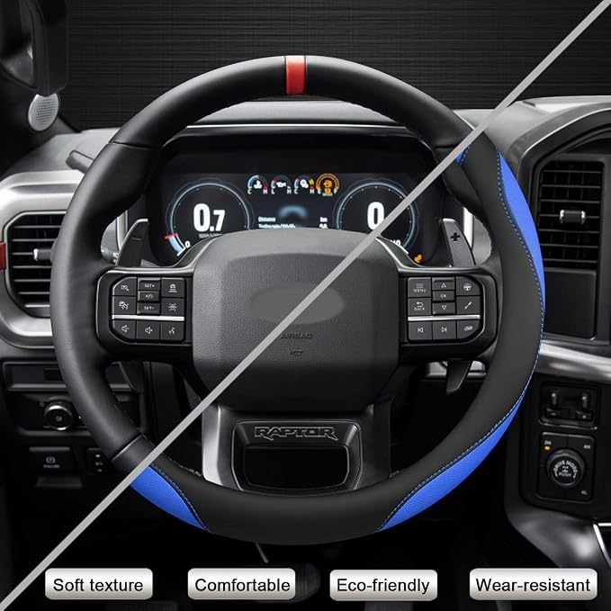 Customized Auto Car Steering Wheel Cover for Ford F-150, F-250, F-350, Expedition (Black+Blue)