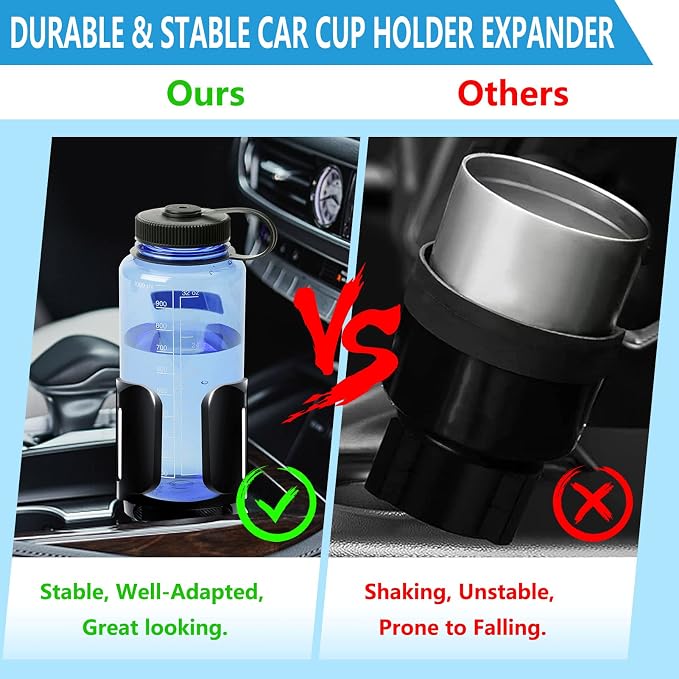 Cup Holder Expander for Car with Adjustable Holder & Base, Compatible with 10-64oz Yeti Ramblers, Hydro Flask, Nalgene, Stanley, Hold 2.9"-5.5" Large Bottles Mugs Food Drink, Car Cup Holder (2 pcs)