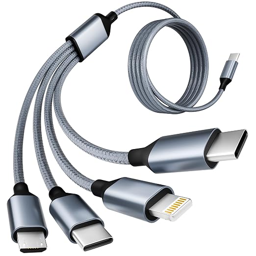 USB C Multi Charging Cable [1Pack 5FT], 4 in 1 Charging Cable Nylon Braided USB-C Multiple Charger Cord with Micro USB,IP Port and 2 Type C Adapter Port for iPhone 16/15 Series/Cell Phones and More
