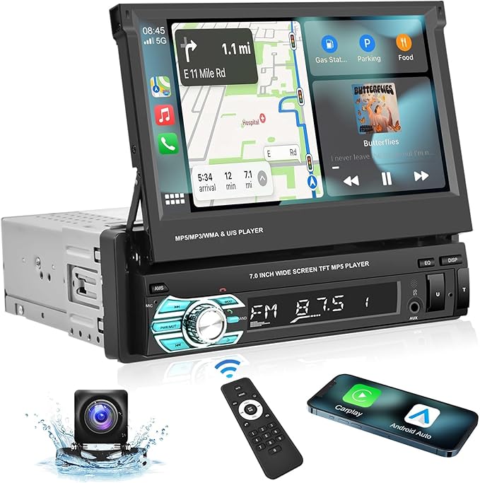 Single Din Carplay Car Stereo with Bluetooth AHD Backup Camera, 7 Inch flip Out Touch Screen Car Radio MP5 Player Support Android Auto, Mirror Link, USB, TF, FM Radio, Aux-in, SWC