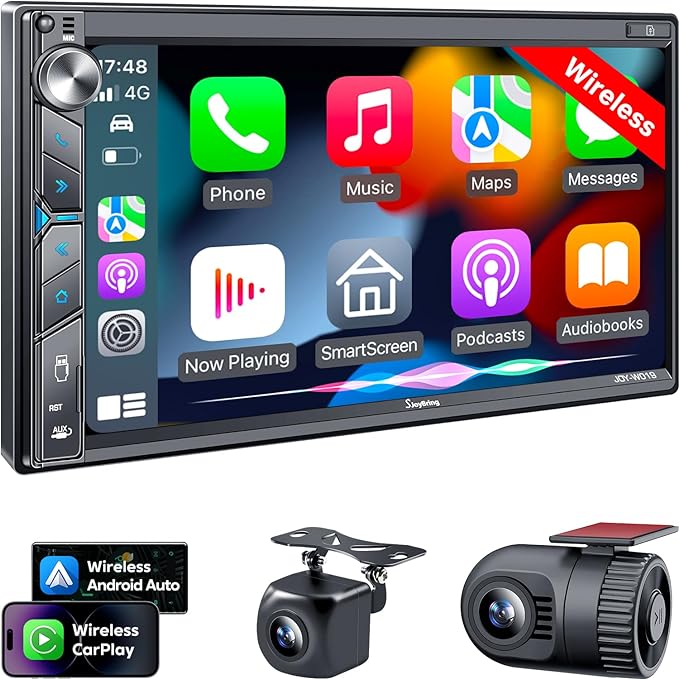 Upgrade Wireless Double Din Car Stereo with Apple Carplay, Android Auto, Dash Cam, Bluetooth, 4-Channel RCA, 2 Subwoofer Ports, 7" HD Capacitive Touchscreen Car Radio, 60W*4, Backup Camera