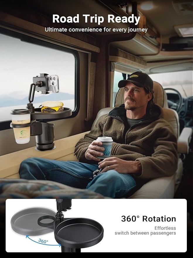 4-in-1 Car Cup Holder Expander with 360° Swivel Tray, Universal Adjustable Base for Large Mugs and Bottles, Integrated Smartphone Mount for Food and Snacks, Black
