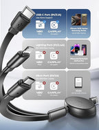 Multi Charging Cable, 3 in 1 Retractable Charging Cable, Retractable Car Charger with Type C/L/Micro USB Ports for iPhone 17 16 15 14 Pro/Samsung Galaxy S25/Kindle, Car Accessories for Women