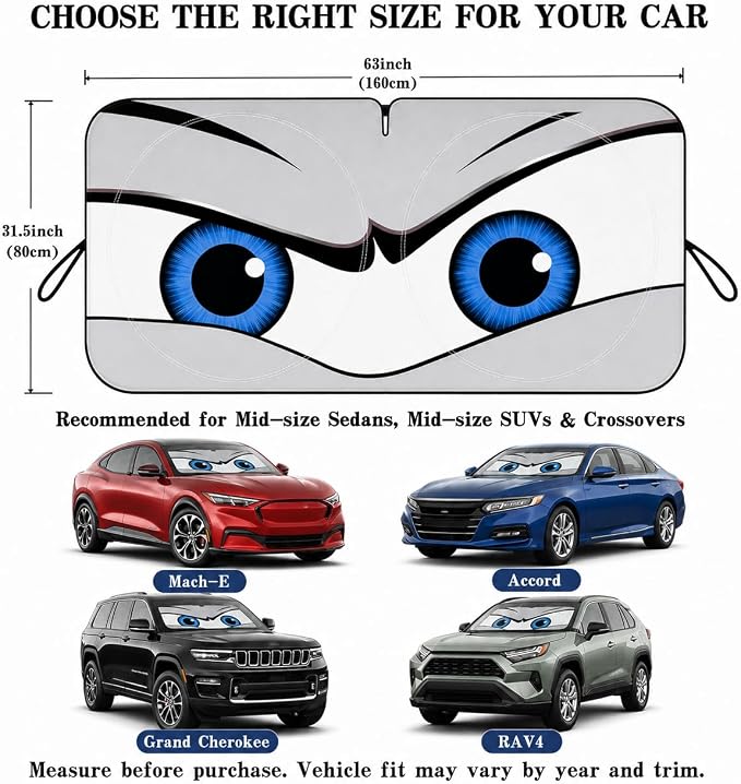 Car Windshield Sun Shade, Universal Fit Midsized Sedan SUV, Cool Gray | 63 x 31.5" Windshield Cover, Foldable Front Window Sunshade, UV Heat Protection, Cute Eyes Series