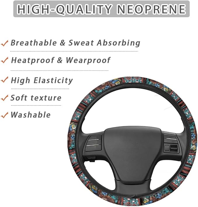 Aztec Highland Cow Sunflower Butterfly Car Steering Wheel Cover Soft Stretch Anti-Slip Washable Car Interior Accessory Universal Fit for Car SUV Trucks