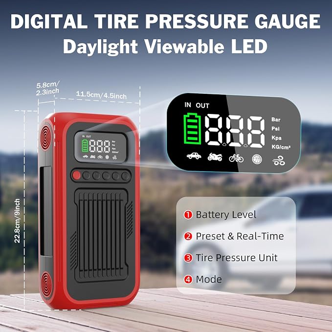Tire Inflator Portable Air Compressor,12V Car Battery Jump Starter,5X Faster Air Pump For Car Tire with Digital Tire Pressure Gauge&LED Light&Auto Shut-Off,Cordless Pump for Car,Motor,Bicycle,ball