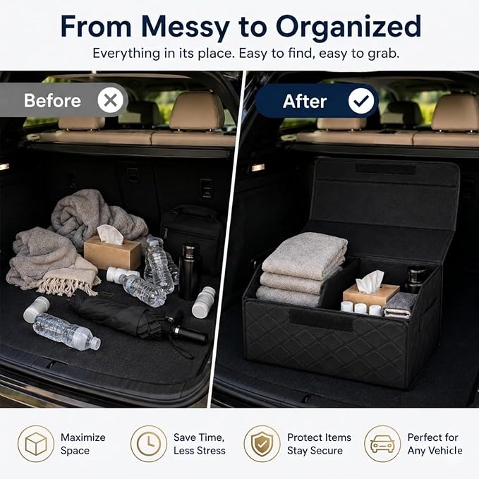 1Pack Leather Trunk Organizer for SUV & Sedans - Extra Large Foldable Car Storage Box with Lid, Adjustable Removable Dividers and Carry Handle, Collapsible Auto Cargo Organizer Black (1)