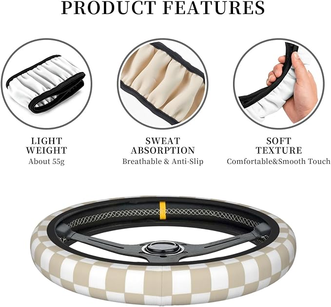 Brown White Checkered Car Steering Wheel Cover