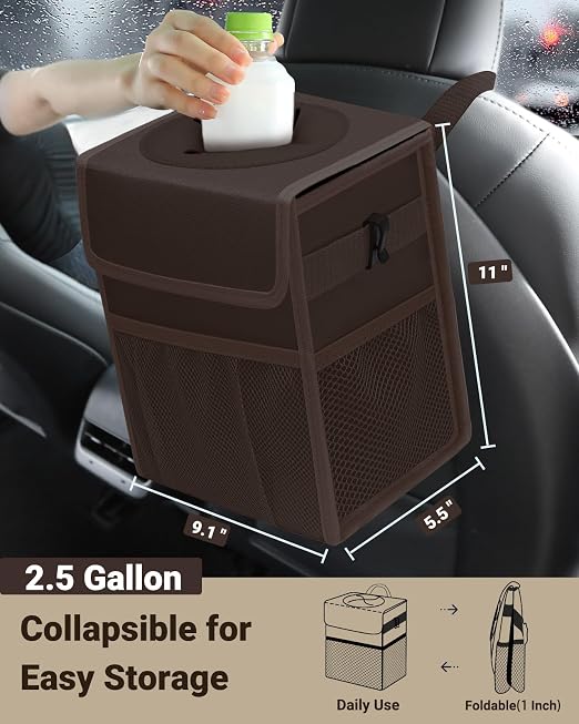 Car Trash Can with Lid, Leakproof Car Trash Bag Hanging Waterproof Automotive Garbage Can with Storage Pockets Mini Vehicle Trash Bin for Back/Front Seat(Brown,2.5 Gallon)