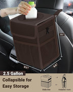 Car Trash Can with Lid, Leakproof Car Trash Bag Hanging Waterproof Automotive Garbage Can with Storage Pockets Mini Vehicle Trash Bin for Back/Front Seat(Brown,2.5 Gallon)