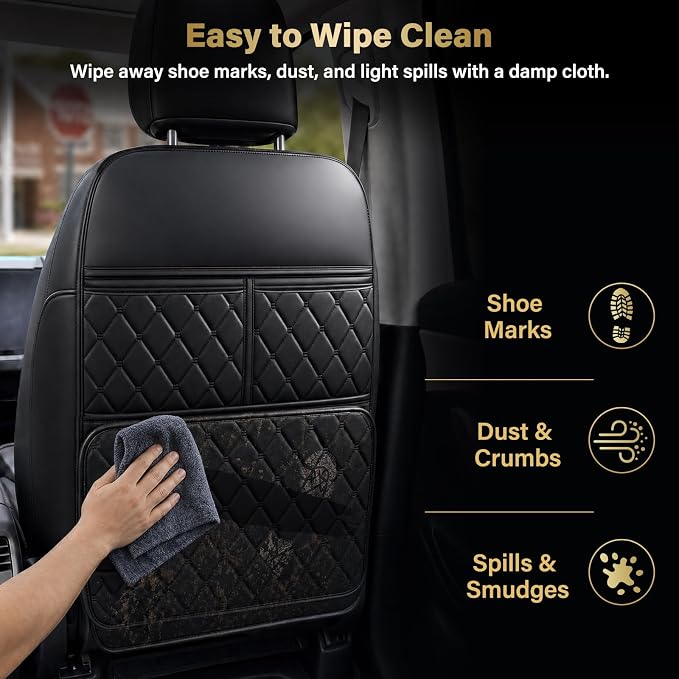 2 Pack Kick Mats Back Seat Protector, Seat Back Protector for Back of Front Seats Against Dirt, Scuffs & Scratches, 3 Storage Pockets, Easy to Clean, Black