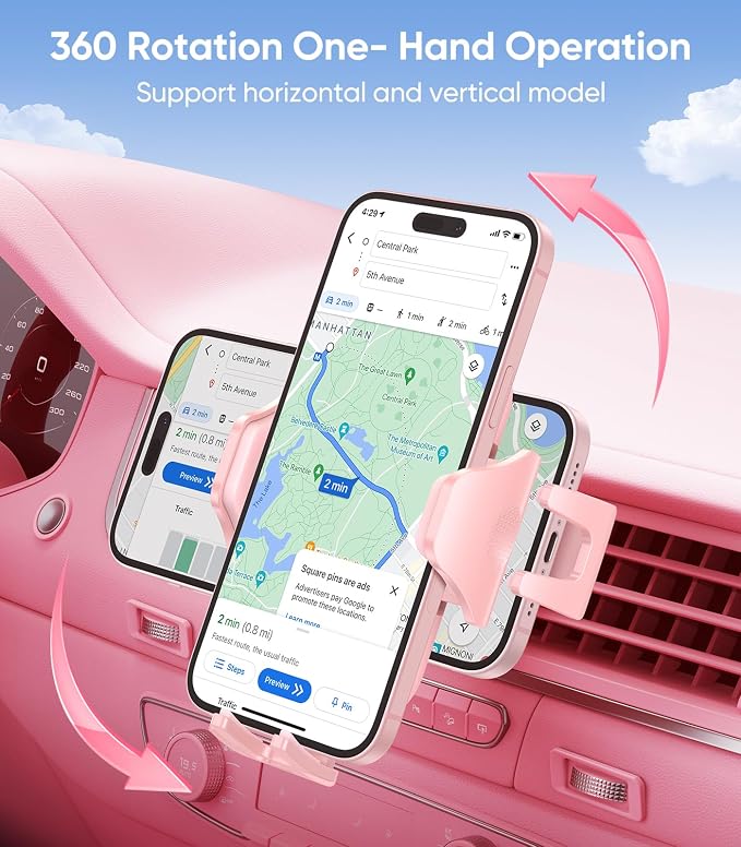 Pink Phone Holder for Your Car [ Sturdy & Secure ] Air Vent Phone Mount for Car Hands Free Easy Clamp Cradle in Vehicle for iPhone Samsung Android Smartphone, Pink Car Accessories