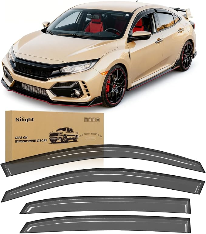 Window Visors Rain Guards for Honda Civic Hatchback 2016 2017 2018 2019 2020 2021, Outside Mount Window Vent Wind Deflectors Visors Shades for Fresh Air Circulation, Smoke Tinted, 4PCS