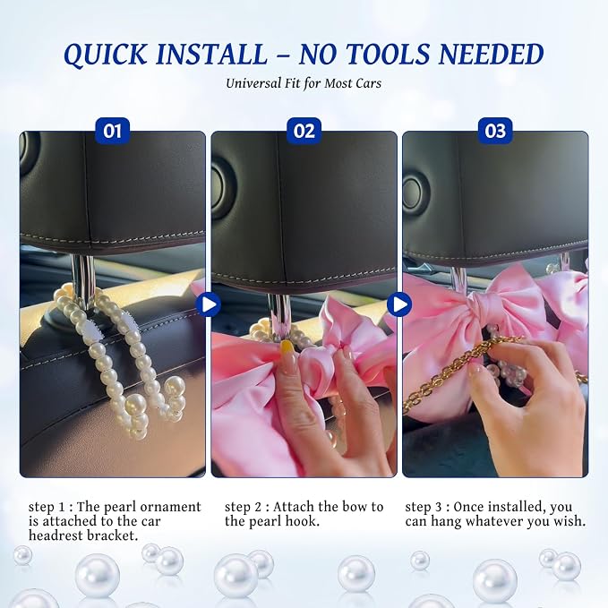 2 PCS Bow Pearl Car Seat Headrest Hook – Cute Purse Hook for Car, Girly Interior Decoration Accessories Hook Hanger, Seatback Holder for Purses & Bags, Elegant Car Organizer (Deep Blue)