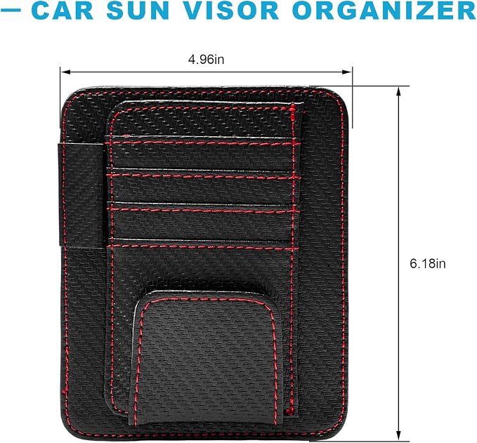 Car Sun Visor Organizer, Leather Auto Visor Card Holder with Sunglasses Clip, Multifunctional Sunvisor Storage Pouch Vehicle Interior Pocket for Driving License Pen Ticket (Carbon Fiber & Red)
