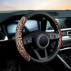 Cheetah Leather Steering Wheel Cover, Steering Wheel Protector, Anti-Slip, Breathable, Absorbing Sweat, Universal Leopard Car Accessories 14.5–15 inch,Black&Brown