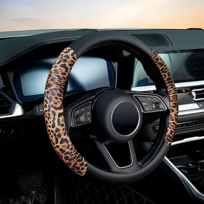 Cheetah Leather Steering Wheel Cover, Steering Wheel Protector, Anti-Slip, Breathable, Absorbing Sweat, Universal Leopard Car Accessories 14.5–15 inch,Black&Brown