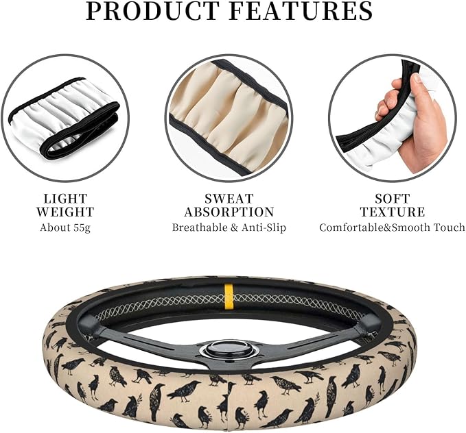 Goth Raven Elastic Steering Wheel Cover Non-Slip Breathable Steering Wheel Protector Fit Auto, SUVs, Truck