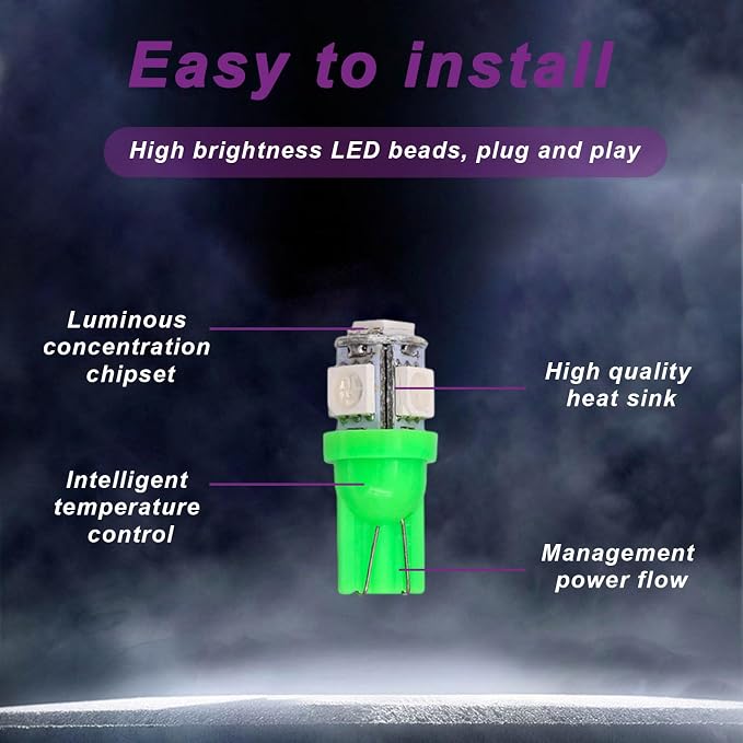 10 PCS Car Interior LED Light Bulb, T10 5050 5SMD LED Car Bulb Kit, Super Bright Automotive Led Replacement Bulbs for Dashboard Dome Map Door Courtesy License Plate Lights (Green)