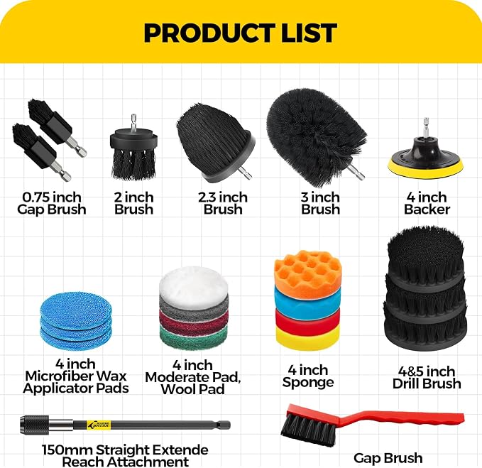 22Pack Drill Brush Attachments Set, Scrub Pads & Sponge, Buffing Pads, Power Scrubber Brush, Car Polishing Pad Kit,Wax Applicator Pad,Car Cleaning Kit，Cleaning Supplies，Masonry Brushes,Black