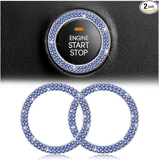 2 Pack Car Push Start Button Cover/Sticker, Key Ignition Knob Bling Ring, Sparkling Car Interior Accessories for Women (Double Blue)