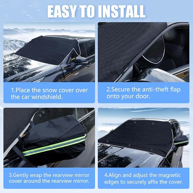 Car Windshield Cover for Ice and Snow, Windshield Snow Cover, Performance Brake Kitswith Side Mirrors Cover for Snow, Ice, UV Fits Most Cars, Trucks, Vans, SUVs, Glow Strips