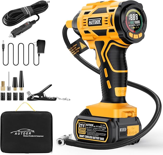 Cordless Tire Inflator, 180PSI Portable Air Compressor with 21V Rechargeable Battery & 12V DC Car Adapter, Fast Inflation Digital Pump for Cars, Motorcycles, Bikes & Sports Balls - Black Yellow