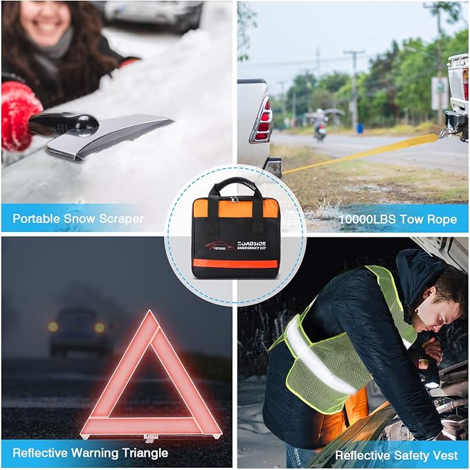 Car Roadside Emergency Kit with Jumper Cables, Auto Vehicle Safety Road Side Assistance Kits, Winter Car Kit Essentials for Women and Men, with Portable Air Compressor, Folding Survival Shovel