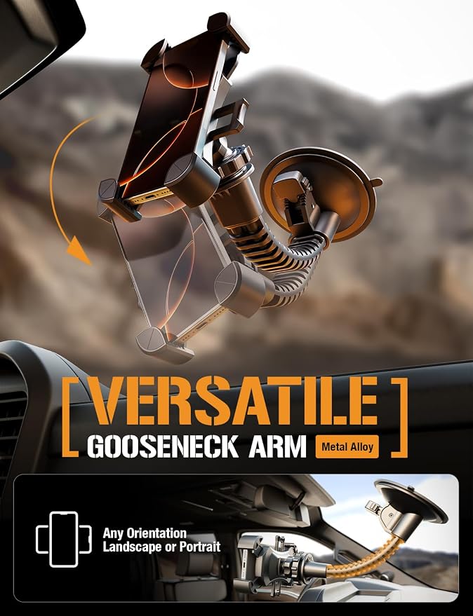 Mammoth Truck Windshield Phone Mount, Vibration Absorbing Car Phone holder with One-hand Quick Release, Double-ribbed Gooseneck, Expandable Claw Grip, 360 rotation, Extra Large Suction Cup