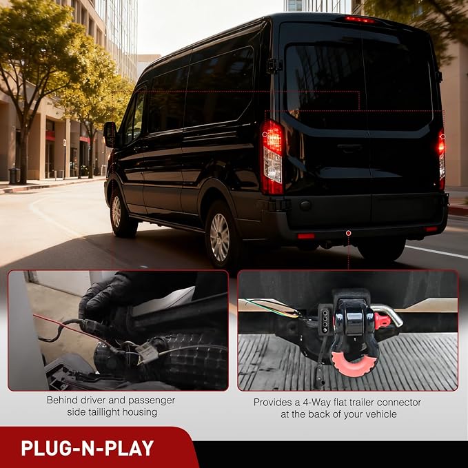 4 Pin Trailer Wiring Kit 56327 Vehicle Standard 4 Way Connector Custom for 2015 2016 2017 2018 2019 2020 2021 2022 2023 2024 Ford Transit-150, Transit-250, Transit-350, E-Transit Hitch