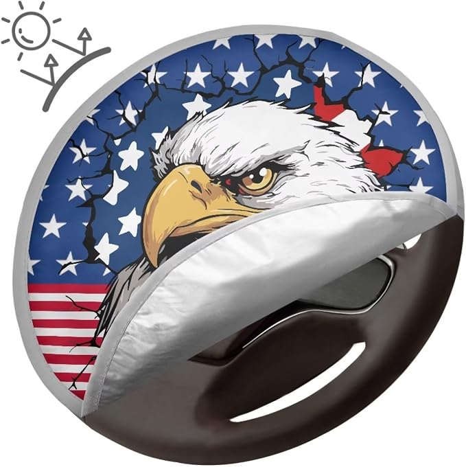 American Flag Eagle Steering Wheel Sun Shade Cover Steering Wheel Sun Block Anti-Heat Aluminum Foil Steering Wheel Cover Steering Wheel Sun Heat Shield for SUV Truck Van