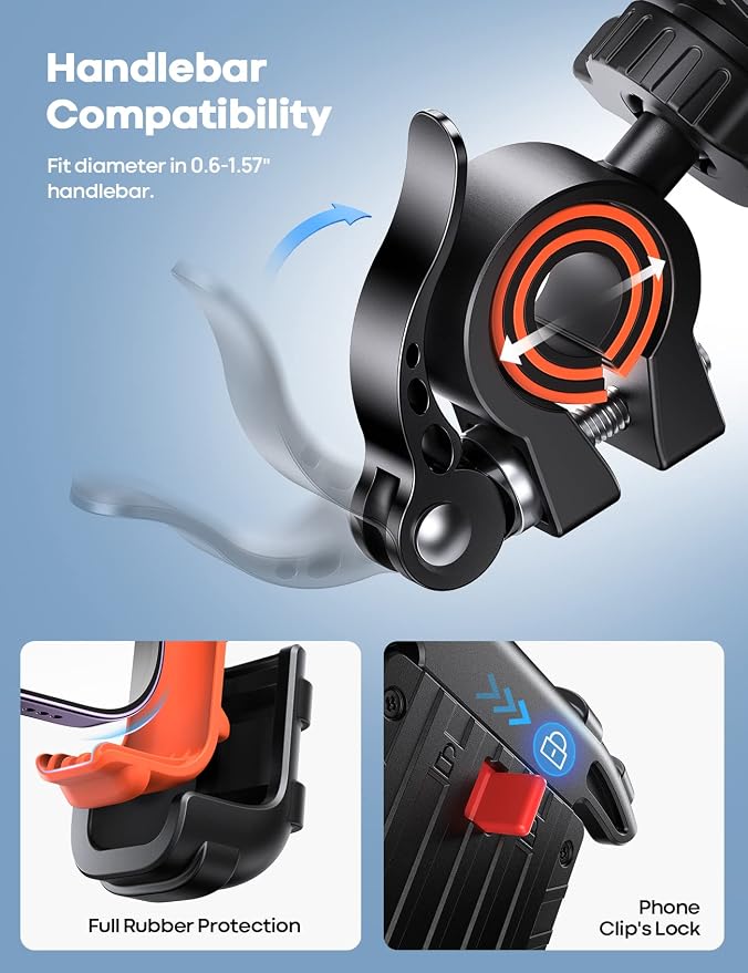 Bike Phone Holder, Motorcycle Phone Mount - Motorcycle Handlebar Cell Phone Clamp, Scooter Phone Clip for iPhone 14 Plus/Pro Max, 13 Pro Max, S9, S10 and More 4.7" - 6.8" Smartphone, Orange