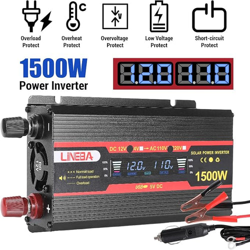 1500 Watt Power Inverter with LED Display,Dual AC Outlets,USB Port, 12V DC to 110V AC Converter Car Power Inverter for Vehicles, Car, RV, Truck, Off Grid Solar System, Outdoor Camping