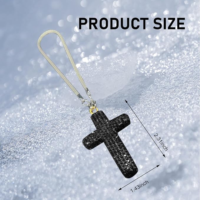 Bling Cross Car Mirror Hanging Accessories, Crystal Rhinestone Rear View Mirror Pendant, Religious Rearview Mirrors Decoration Charm, Car Hanging Ornament, Auto Interior Accessories (Black)