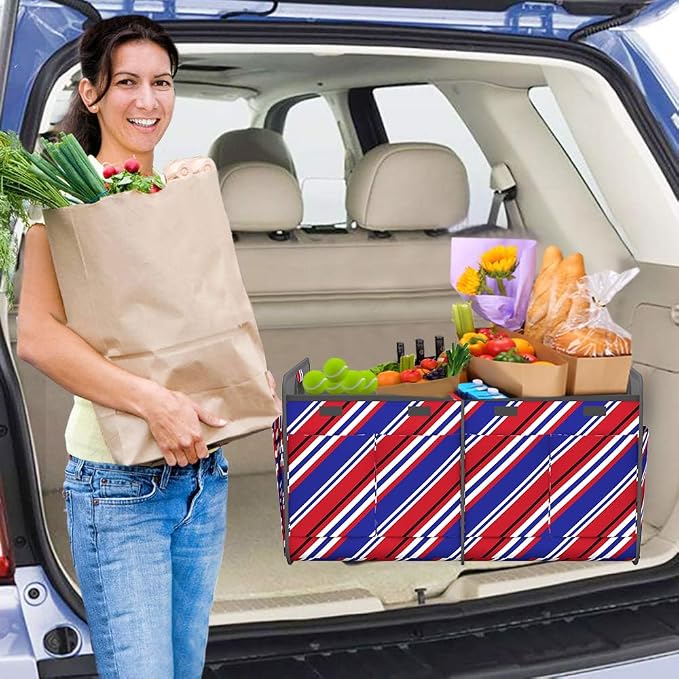 Car Trunk Organizer for SUV, 18.5Gal Large Capacity No-Sag Heavy Duty, Foldable Waterproof Anti-Slip Storage with 12 Pockets, Fit Sedan, Truck, Universal Car Accessories, Red Blue Twill, Large