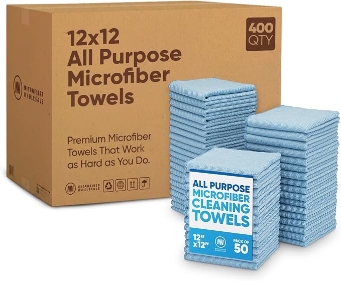 Bulk 12” X 12” All Purpose Microfiber Towels Wholesale - Case Quantity (400 Count) | No Fraying | High Density Microfiber | Zero Chemical Cleaner | Long-Lasting (Blue)