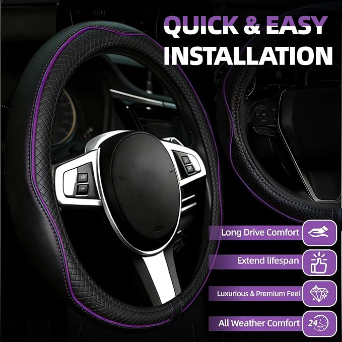 6 PCS Car Steering Wheel Cover Set, Microfiber Leather Steering Wheel Covers Universal 14.5-15 inch, Center Console Cover, Seat Belt Cushion, Cup Holder Coaster, Car Accessories Set Purple
