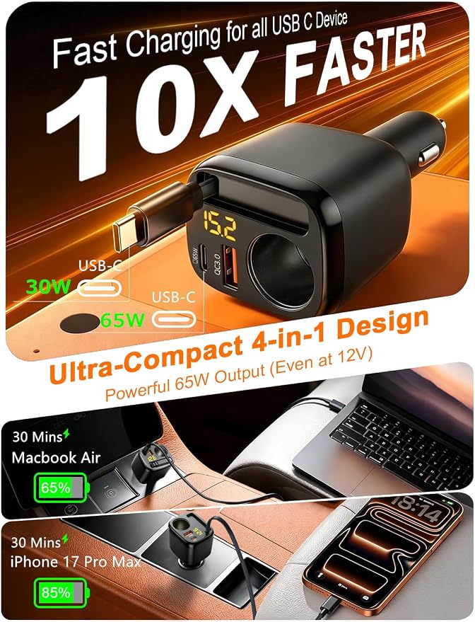 215W Retractable USB-C Car Charger, [PD 65W Laptop Fast Charging] 4 in 1 Cigarette Lighter Adapter, Socket Splitter with Multi Port, 12V Car USB Charger Adapter for iPhone 17 Pro Max, MacBook, GPS