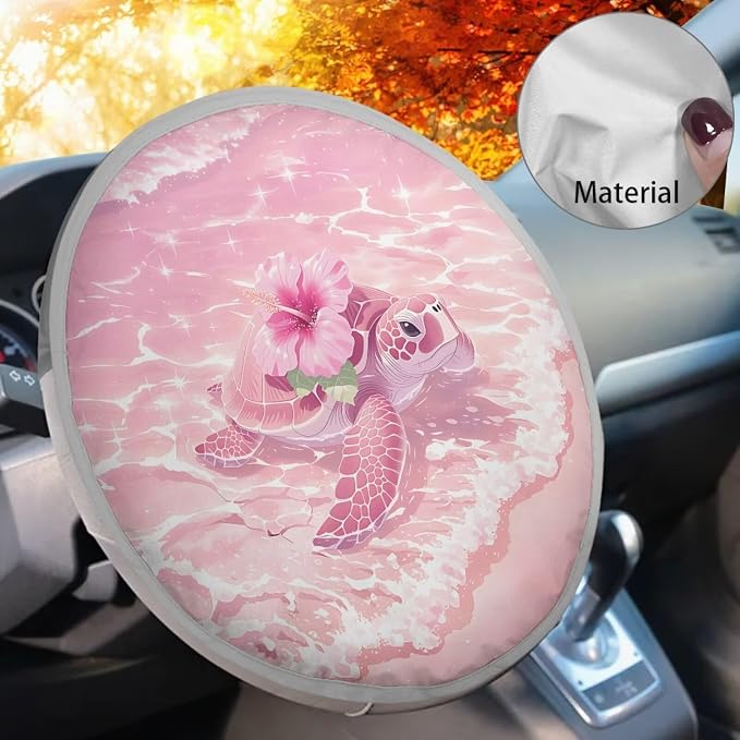 Pink Hibiscus Turtle Steering Wheel Sun Shade Cover Anti-Heat Aluminum Foil Steering Wheel Cover Sun Shade,Steering Wheel Sun Heat Shield for Car Truck SUV Van