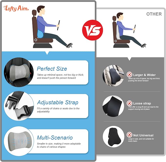 Lumbar Support Pillow for Car, Car Seat Back Support for Driving | Memory Foam Car Lumbar Support for Driving, Car Back Cushion, Adjustable Straps, Lower Back Pillow, Breathable 4D Mesh, Gray