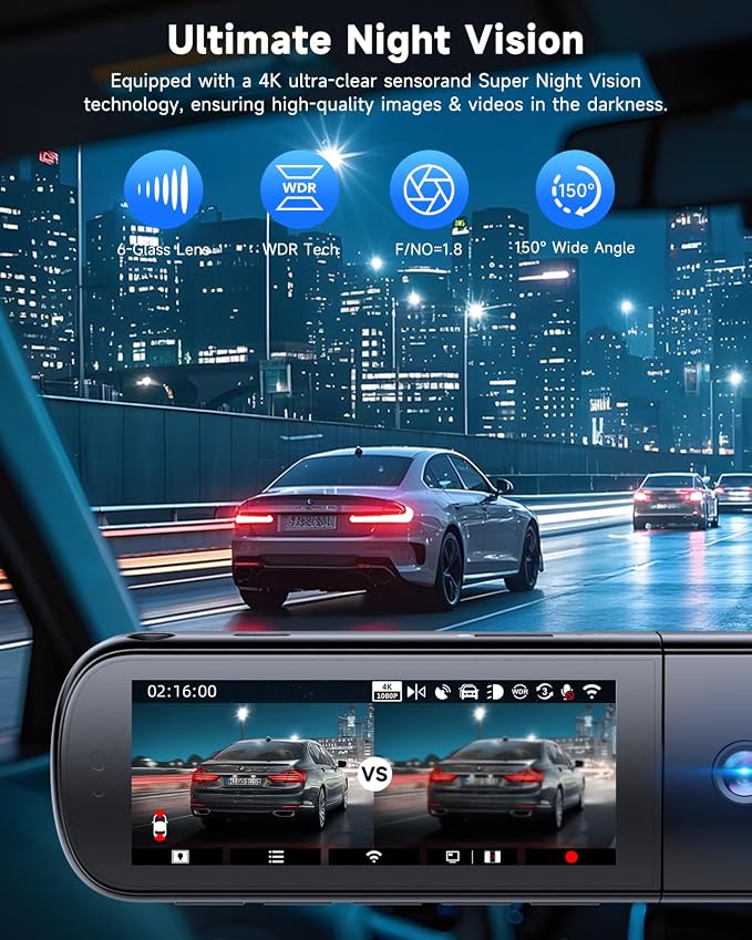 4K 3 Channel Dash Cam, Dash Cam Front and Rear C3, Free 64GB Card, 4K+1080P+1080P Dashcam, G-Sensor, WDR, APP, 5G WiFi, Night Vision, 24H Parking Monitor