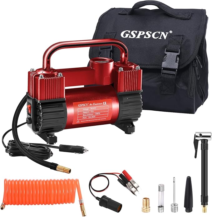 12V Heavy Duty Tire Inflator Metal Portable Air Compressor Pump | 6X Faster Inflation Dual Cylinders 150PSI Air Pump with Adapter for Car, RV,Pickup Truck, SUV, Van,Camper, Air Bed,Ball