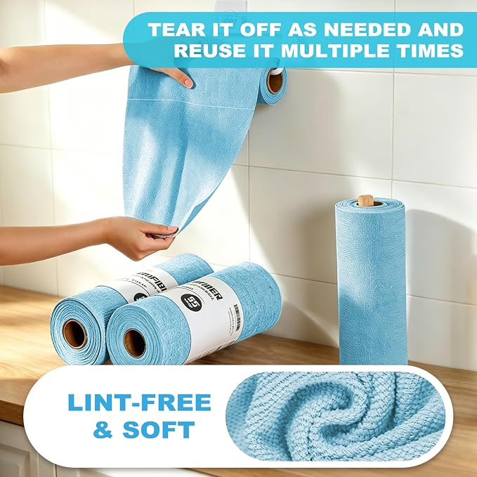 55 Pack Microfiber Cleaning Cloth Roll, Tear Away Reusable Paper Towels, 11" X 9", Ultra Absorbent & Lint Free Microfiber Cloth for Cleaning Cars, Kitchen, Window, Home and Shop, Blue