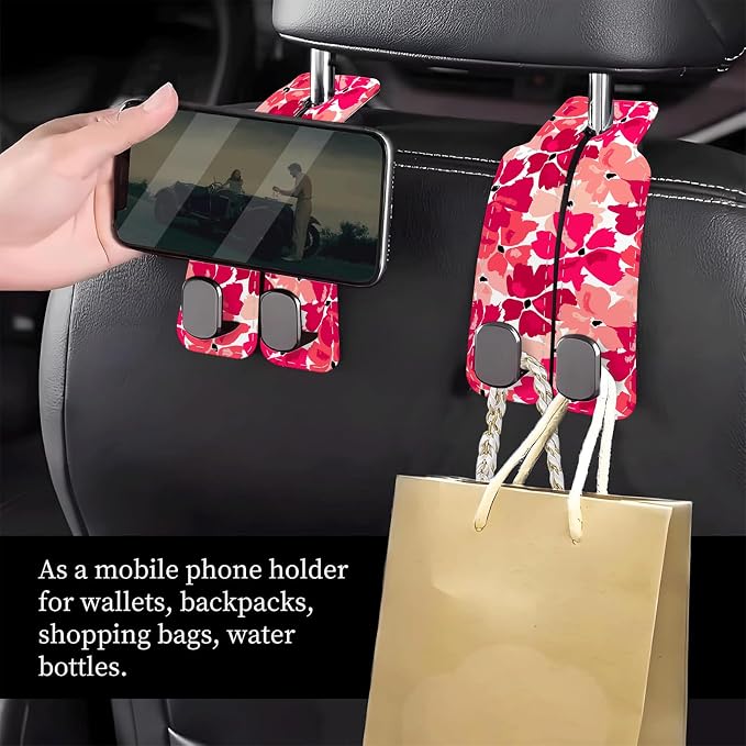 Car Seat Headrest Hook, Universal Leather Cute Hanger Holder Hook, Storage Organizer Interior Accessories for Purse Bags Handbag Cute Pink Flowers