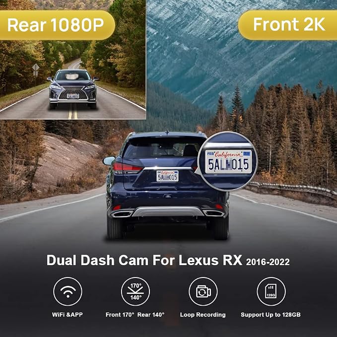 2K Dual Dash Cam Suitable for Lexus RX 350 450h F Sport Luxury 2016 2017 2018 2019 2020 2021 2022, OEM Style, Front 1440P Rear 1080P HD Video, Loop Recording WiFi, Parking Mode, 64GB Card