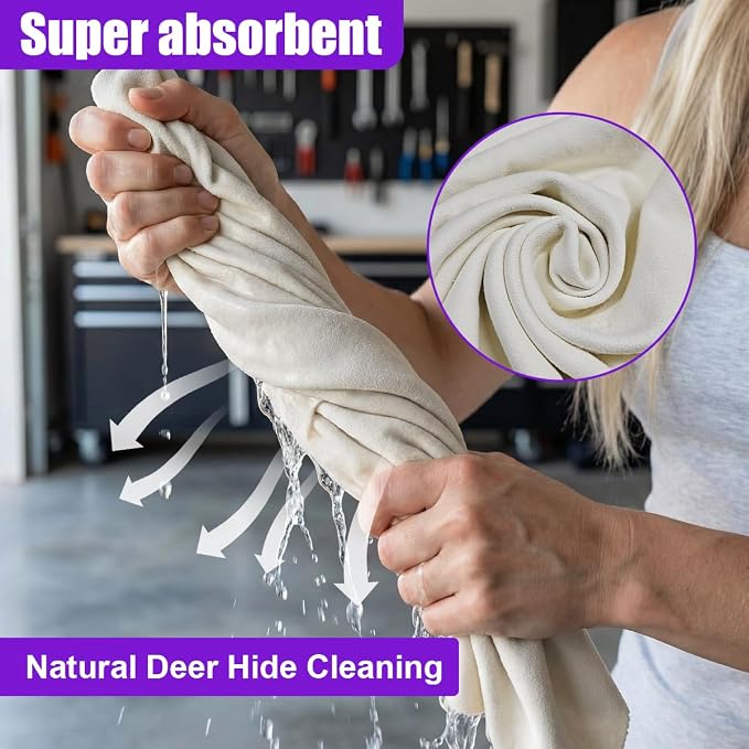 2PCS Shammy Cloth for Car Drying, 26'' x 18'' Absorbent No Lint No Streak Car Wash Cloths, Soft Scratch Proof Reusable Automotive Detailing Chamois Towel for Cars, SUVs, Trucks (Beige)
