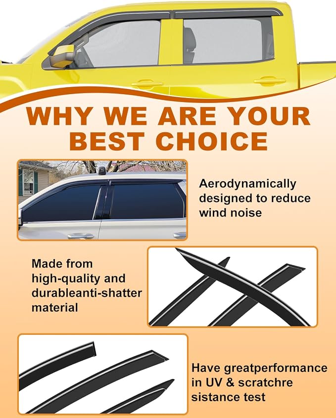 Extra-Thick Window Rain Guards Fit for Chevy Silverado/GMC Sierra 2014-2019 Crew Cab Rain Guard Truck Window Deflectors Side Window Visors Vent Shades Tape-on Vent Visors Car Accessories