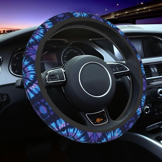 Tie Dye Blue Purple Steering Wheel Cover Car Accessories Cute for Women Girls Girly Universal 15 Inch Neoprene Auto Interior Decor Anti Slip Car Truck Protector