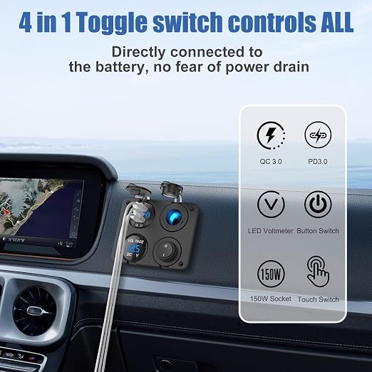12 Volt USB Outlet RV Accessory 12V Marine Switch Panel, Dual PD30W and QC18W Car USB Port Aluminum Charger, Lighted 150W Cigarette Lighter Socket, Blue LED Voltmeter and Rocker Switch, 4 IN 1 DIY Kit